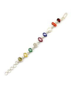 Navratna Sterling Silver Bracelet with all Nine Natural Gemstones for Navgraha Lab Certified Gm 44.43