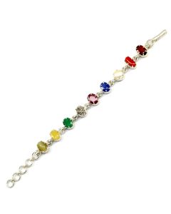 Navratna Sterling Silver Bracelet with all Nine Natural Gemstones for Navgraha Lab Certified Gm 44.69