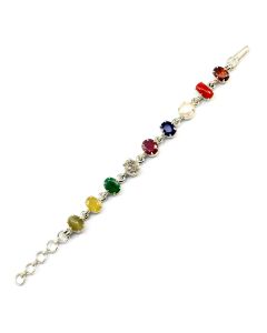 Navratna Sterling Silver Bracelet with all Nine Natural Gemstones for Navgraha Lab Certified Gm 43.92