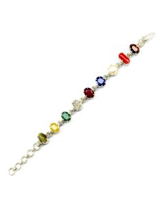 Navratna Sterling Silver Bracelet with all Nine Natural Gemstones for Navgraha Lab Certified Gm 44.58